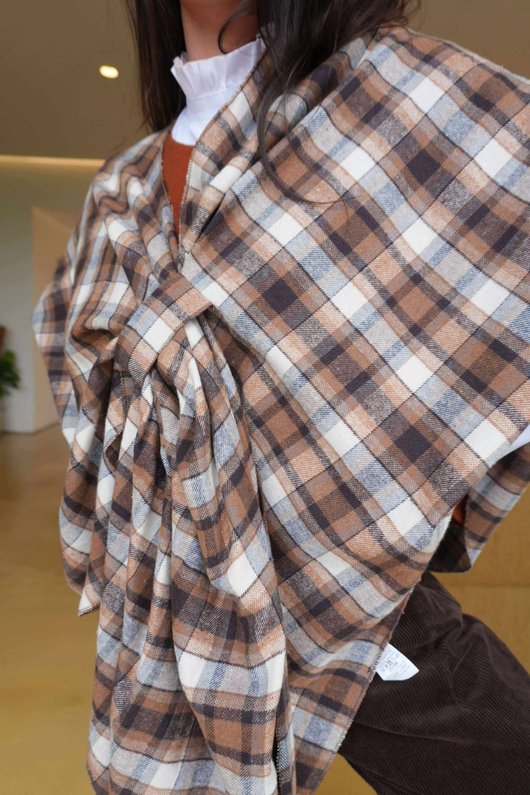 Roberta Plaid Brushed Cotton Drape Cape Camel